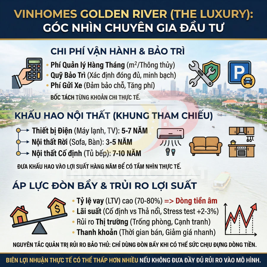 Infographic phân tích chi phí vận hành, bảo trì và rủi ro đầu tư căn hộ Vinhomes Golden River