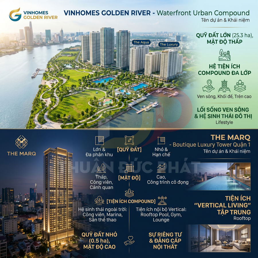 Hình ảnh so sánh dự án căn hộ cao cấp Vinhomes Golden River và The Marq tại trung tâm TP HCM