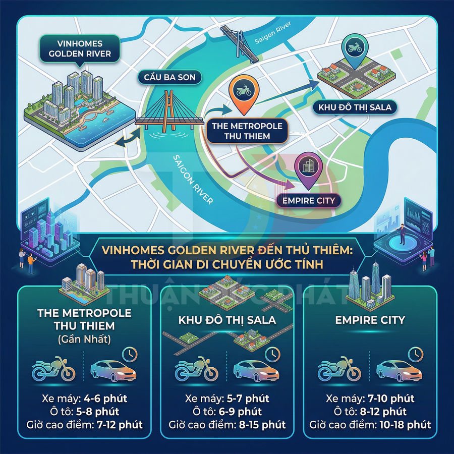 Bản đồ Vinhomes Golden River đến Thủ Thiêm, hiển thị vị trí The Metropole, Sala và Empire City cùng thời gian di chuyển