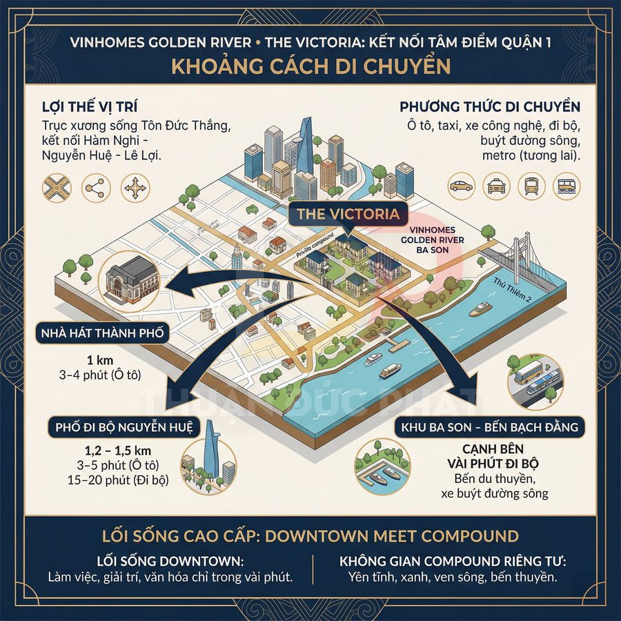 Sơ đồ vị trí dự án Vinhomes Golden River The Victoria và khoảng cách đến các điểm trung tâm quận 1