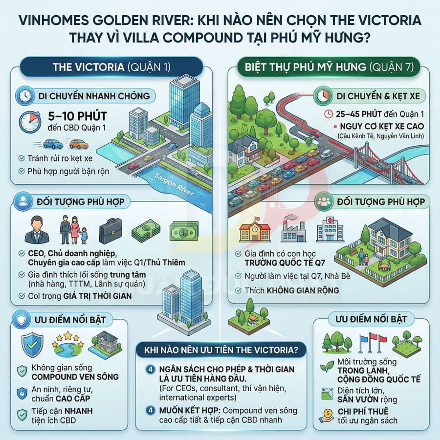 Infographic so sánh căn hộ Vinhomes Golden River The Victoria Quận 1 và biệt thự Phú Mỹ Hưng Quận 7