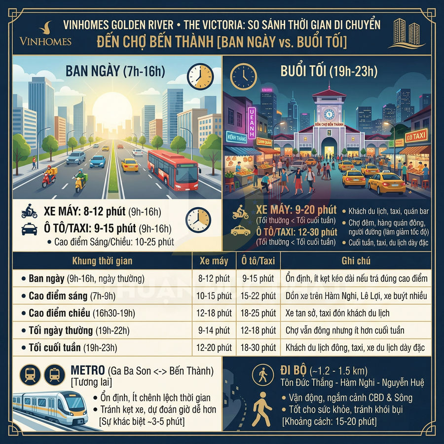 Infographic Vinhomes Golden River so sánh thời gian di chuyển đến chợ Bến Thành bằng xe máy, ô tô, metro, đi bộ