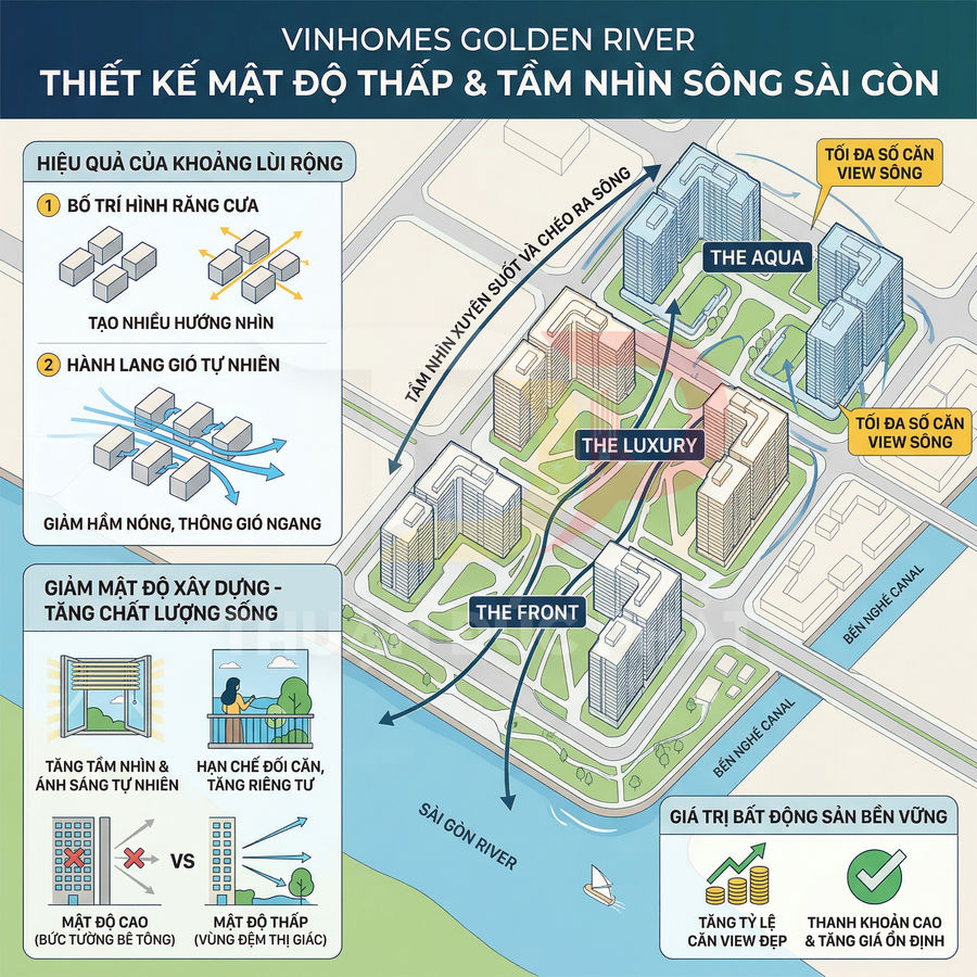Mặt bằng dự án Vinhomes Golden River với các tòa The Aqua, The Luxury, The Front hướng ra sông Sài Gòn