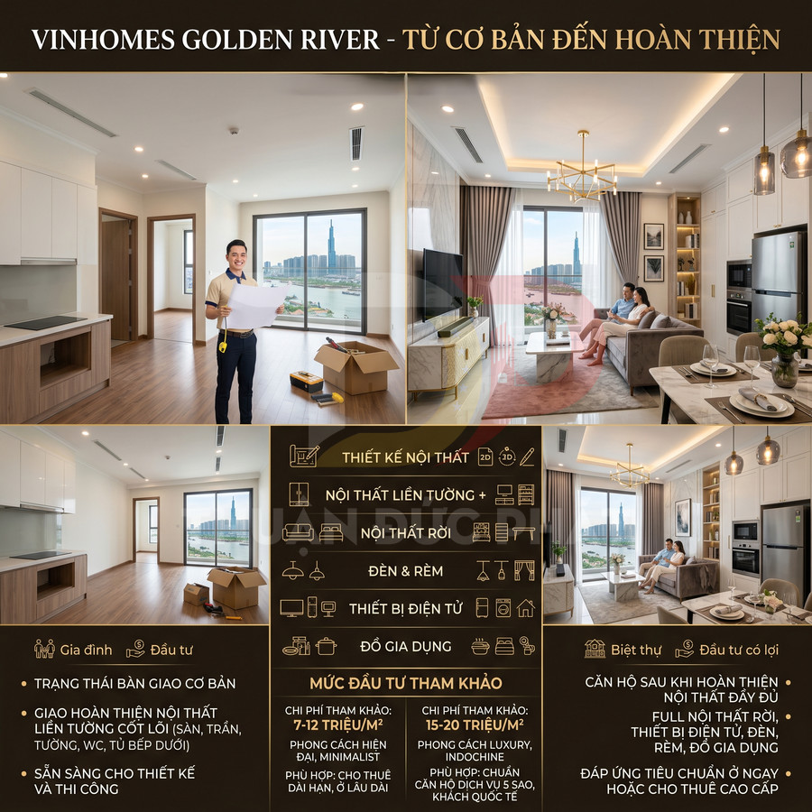 Căn hộ Vinhomes Golden River hoàn thiện nội thất cao cấp, phòng khách bếp hiện đại view sông và Landmark 81