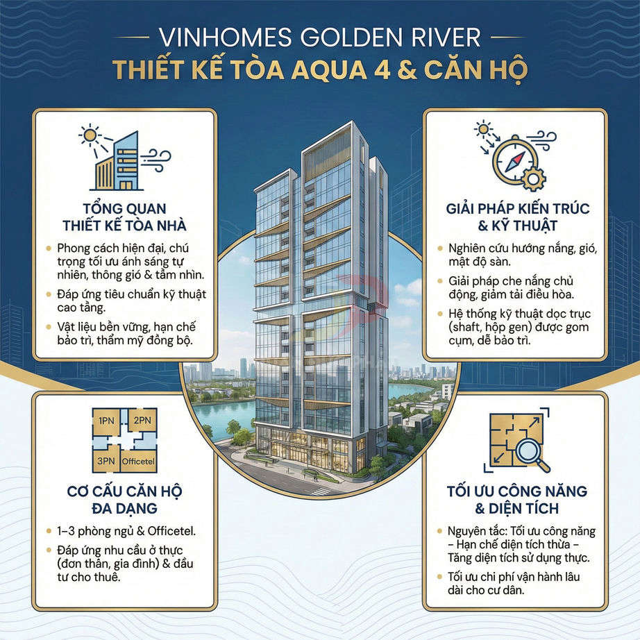 Thiết kế tòa nhà Vinhomes Golden River Aqua 4 hiện đại bên sông với thông tin tổng quan và cơ cấu căn hộ
