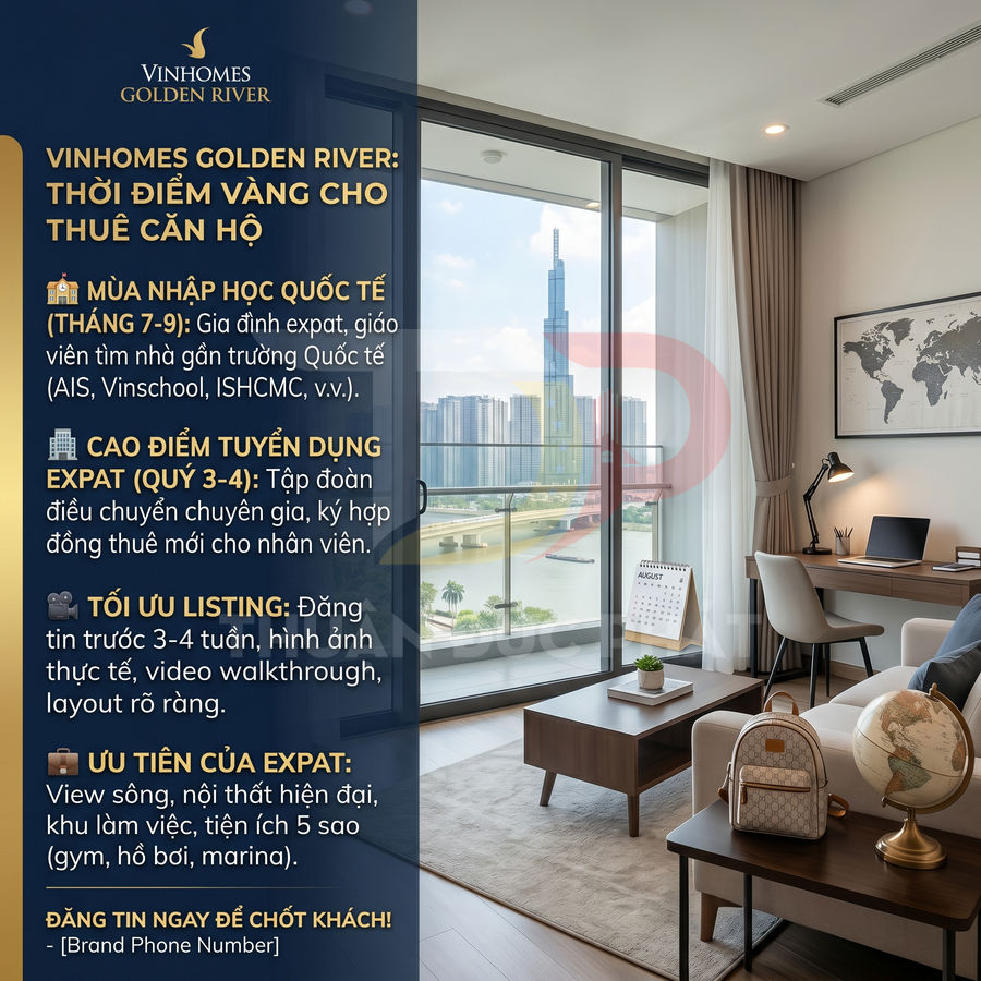 Căn hộ Vinhomes Golden River view sông Sài Gòn, nội thất hiện đại với bàn làm việc và phòng khách sáng rộng