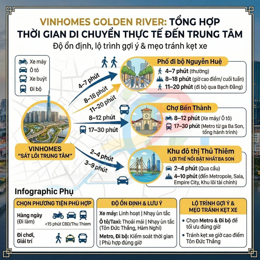 Từ Vinhomes Golden River đi Phố đi bộ Nguyễn Huệ, Chợ Bến Thành, Khu đô thị Thủ Thiêm mất bao lâu theo từng phương tiện thực tế