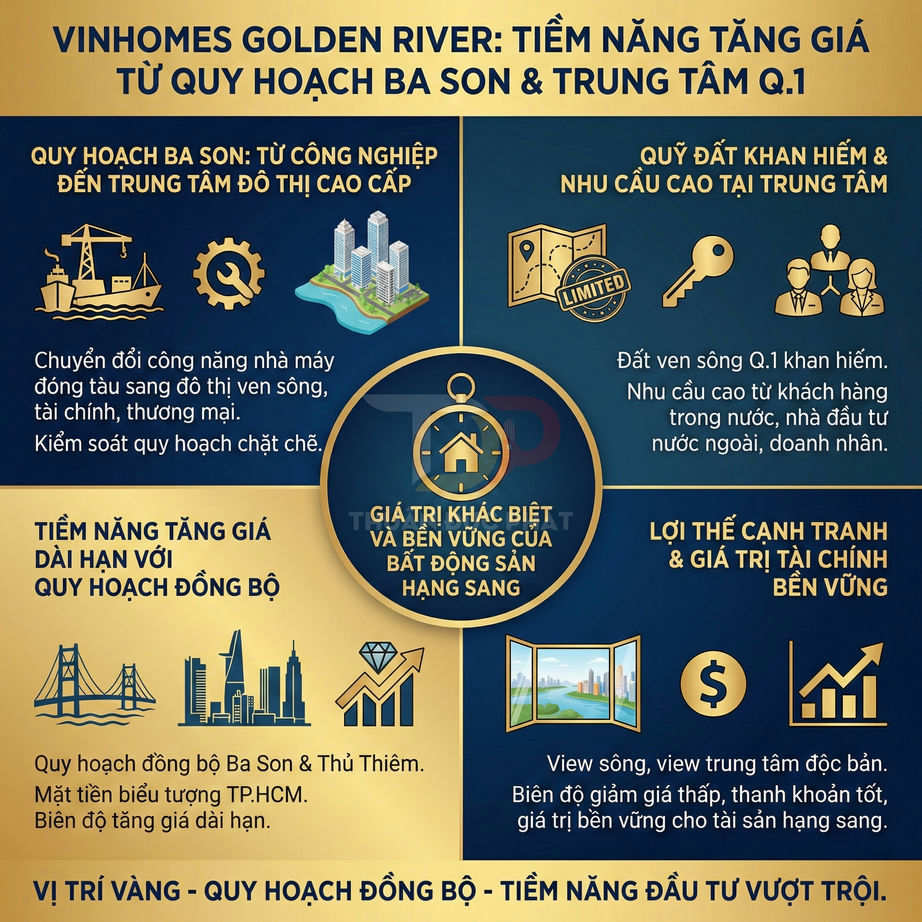 Infographic giới thiệu tiềm năng tăng giá và lợi thế đầu tư dự án bất động sản Vinhomes Golden River Ba Son