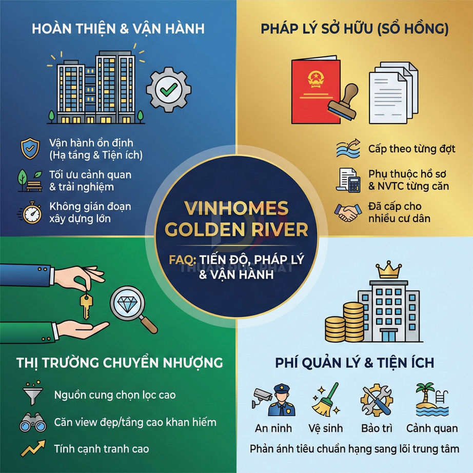 Infographic giới thiệu dự án căn hộ Vinhomes Golden River với pháp lý, vận hành, phí quản lý và thị trường chuyển nhượng