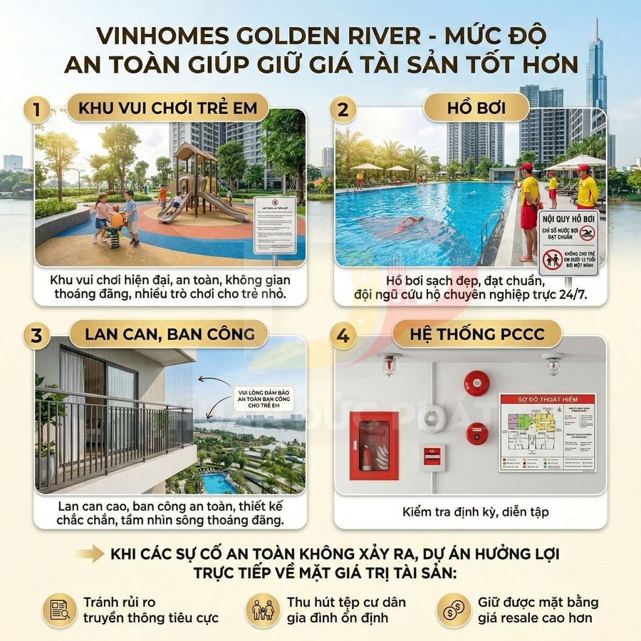 Tiện ích an toàn tại Vinhomes Golden River với khu vui chơi trẻ em, hồ bơi, ban công và hệ thống PCCC hiện đại