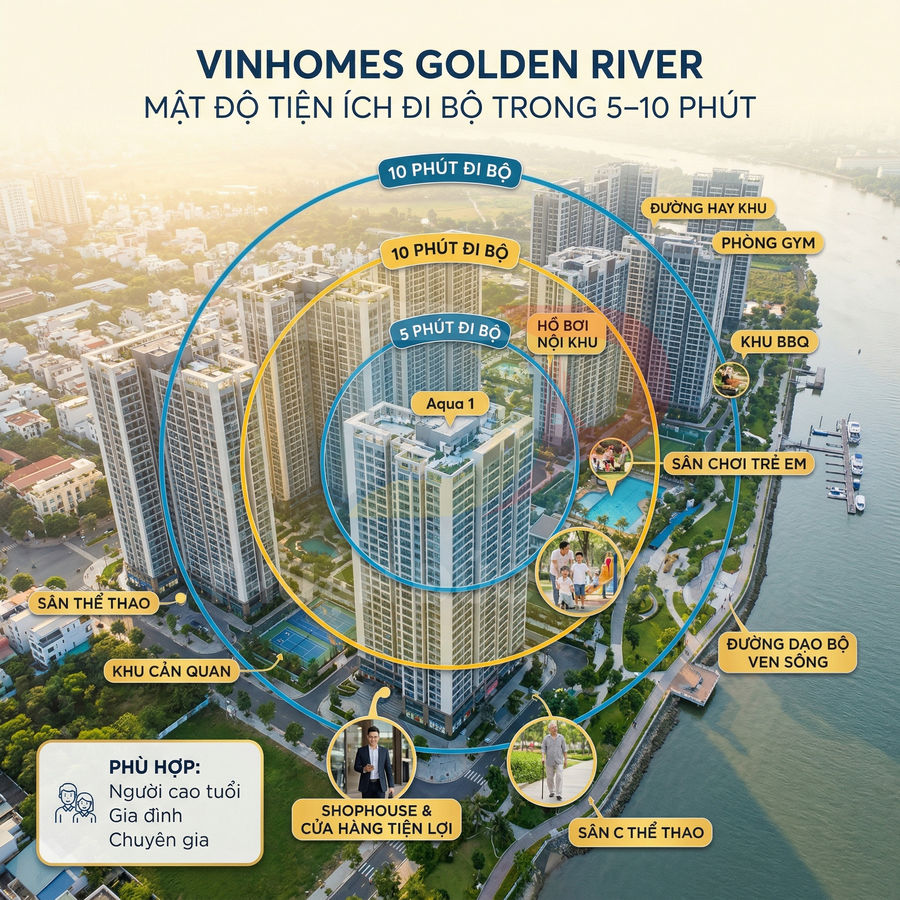 Khu căn hộ Vinhomes Golden River với các tòa nhà cao tầng và tiện ích nội khu ven sông