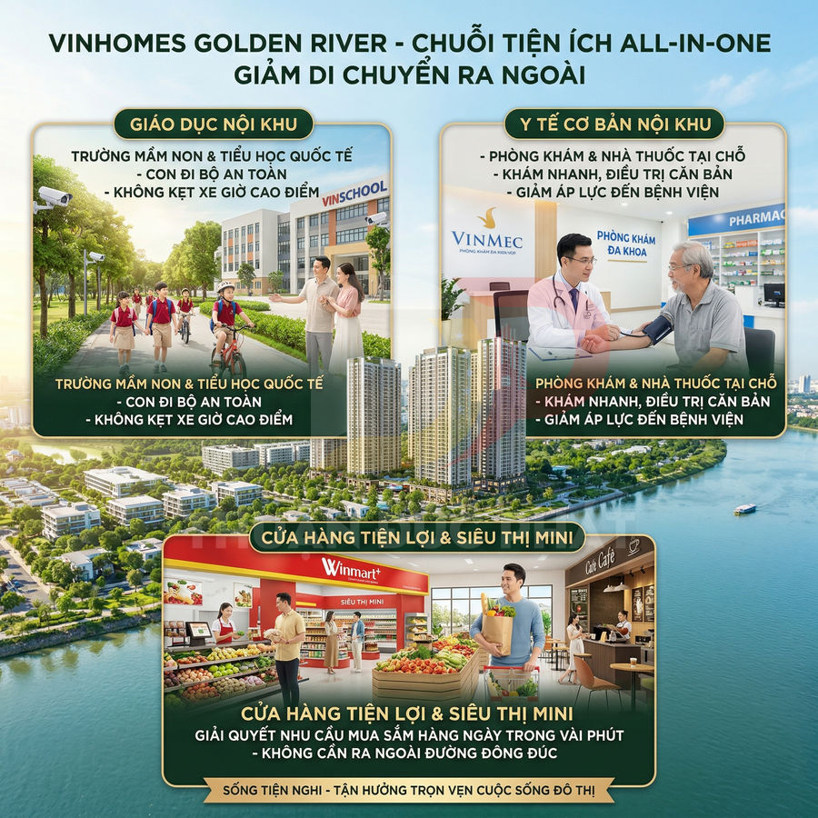 Tiện ích nội khu Vinhomes Golden River với trường Vinschool, phòng khám Vinmec và siêu thị Winmart bên sông