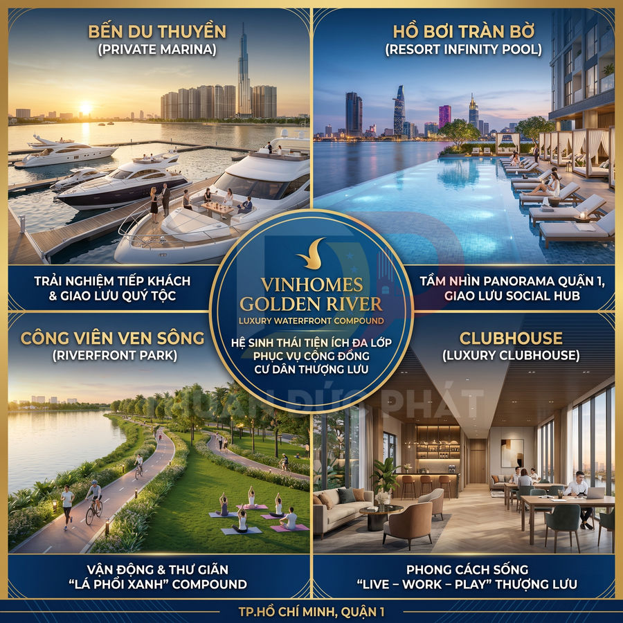 Tiện ích cao cấp Vinhomes Golden River với bến du thuyền, hồ bơi tràn bờ, công viên ven sông và clubhouse sang trọng