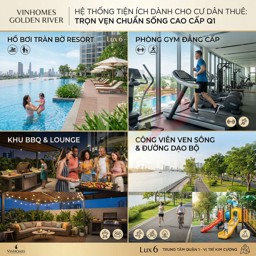 Tiện ích cao cấp Vinhomes Golden River với hồ bơi tràn bờ, phòng gym, khu BBQ, công viên ven sông và sân chơi trẻ em