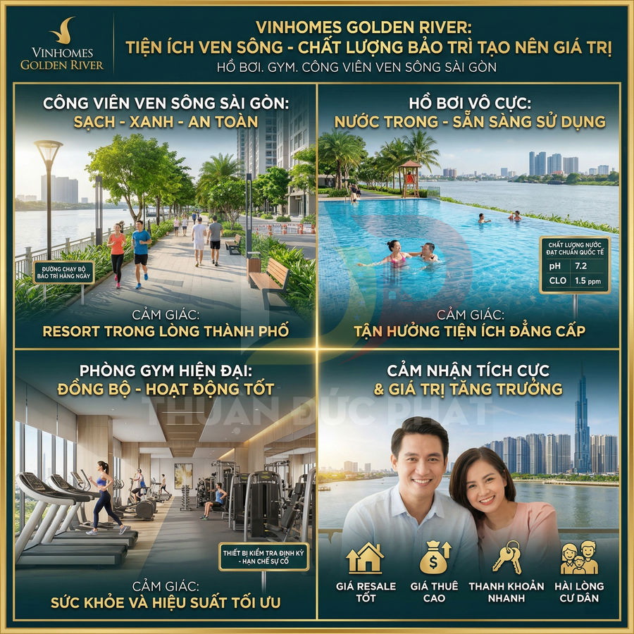 Tiện ích ven sông Vinhomes Golden River với công viên, hồ bơi vô cực, phòng gym hiện đại và không gian sống cao cấp