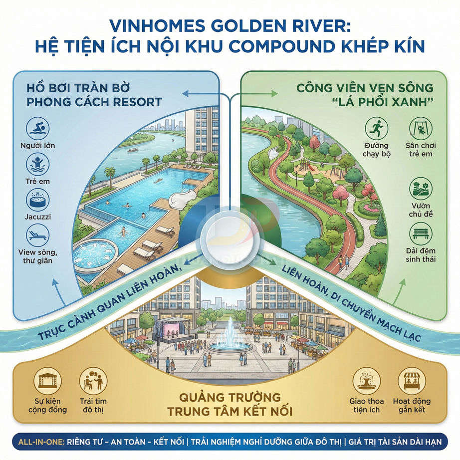 Tiện ích nội khu Vinhomes Golden River với hồ bơi tràn bờ, công viên ven sông và quảng trường trung tâm sầm uất