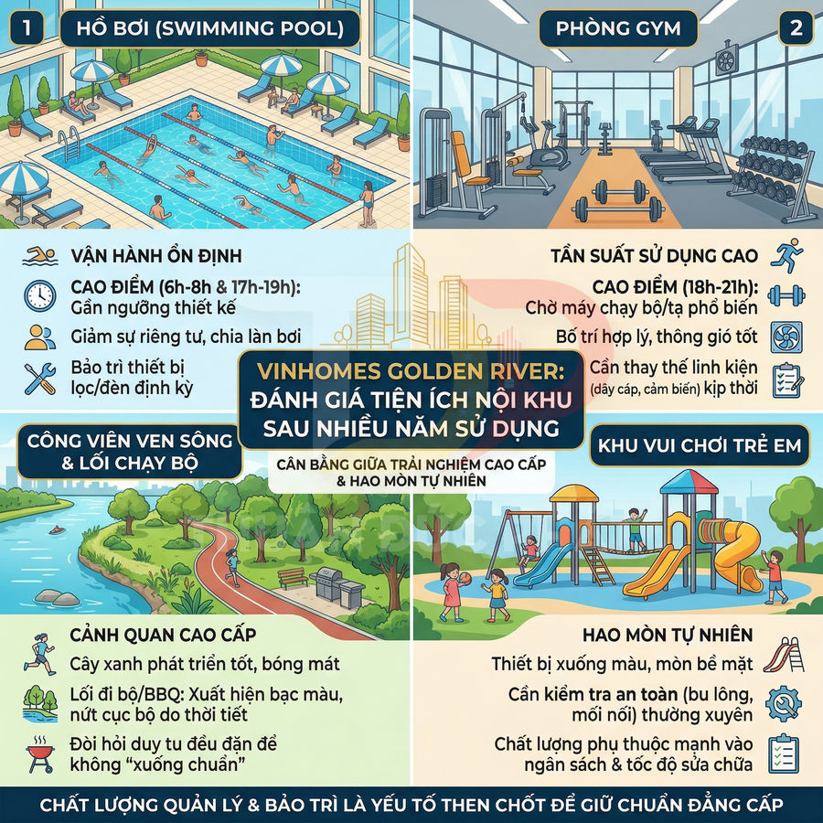 Tiện ích nội khu Vinhomes Golden River với hồ bơi, phòng gym, công viên ven sông và khu vui chơi trẻ em