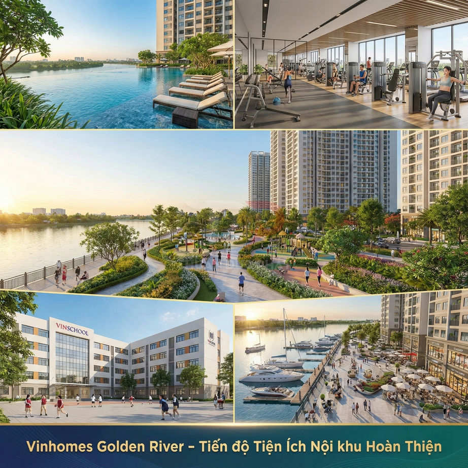 Tiện ích nội khu Vinhomes Golden River với hồ bơi, phòng gym, công viên ven sông, bến du thuyền và trường Vinschool