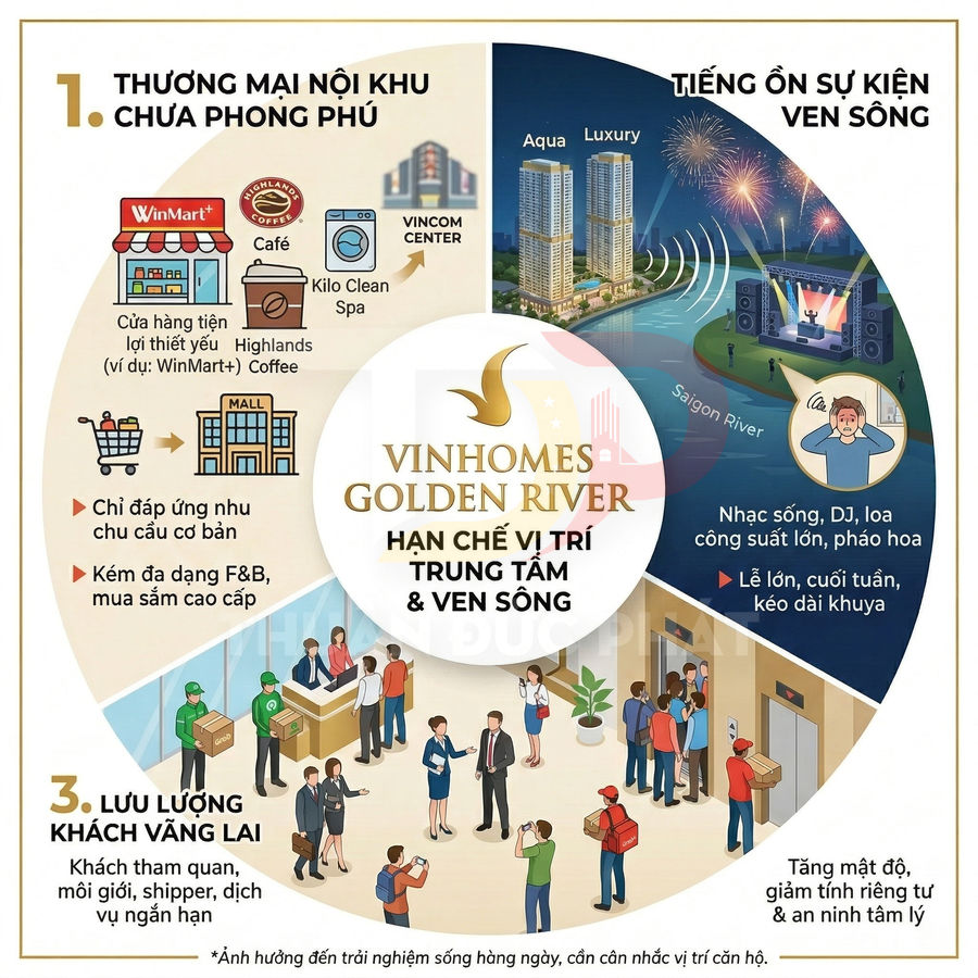Infographic bất lợi của dự án căn hộ Vinhomes Golden River về thương mại nội khu, tiếng ồn ven sông và khách vãng lai