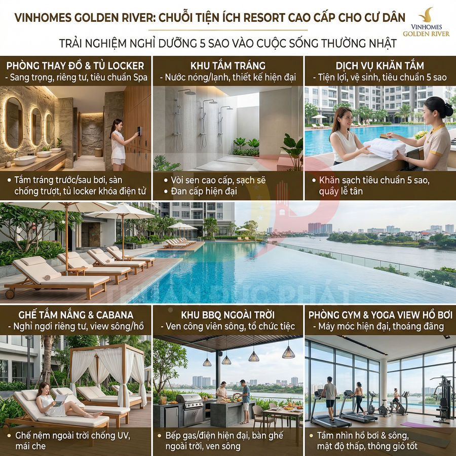 Tiện ích resort cao cấp Vinhomes Golden River với hồ bơi vô cực, ghế tắm nắng, phòng gym, khu BBQ và phòng tắm sang trọng