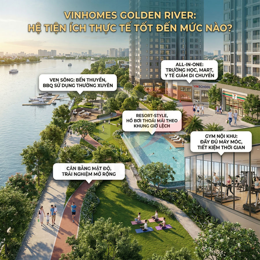 Tiện ích nội khu Vinhomes Golden River với hồ bơi, phòng gym, bến thuyền và công viên ven sông