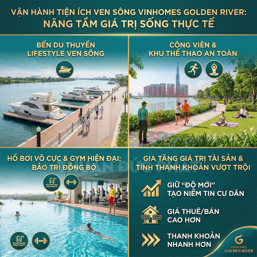Tiện ích ven sông Vinhomes Golden River với bến du thuyền, công viên, hồ bơi vô cực và phòng gym hiện đại
