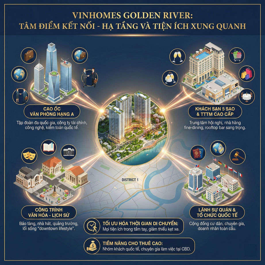 Infographic giới thiệu dự án căn hộ Vinhomes Golden River và các tiện ích, cao ốc, khách sạn, lãnh sự quán xung quanh