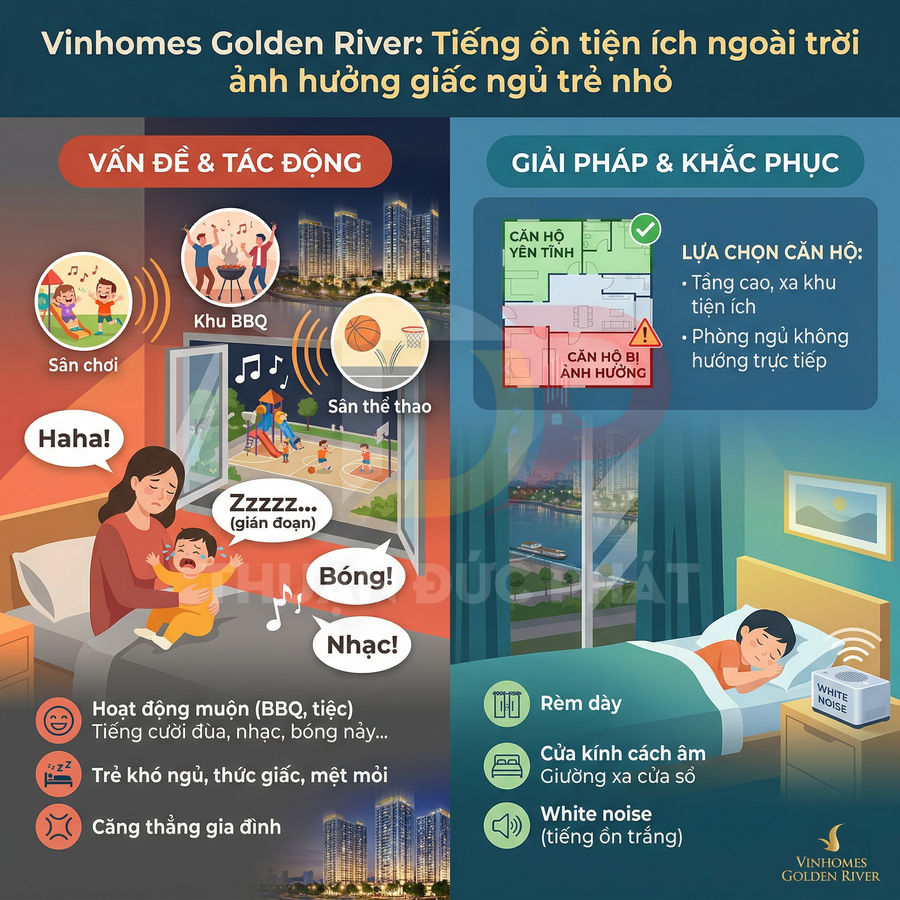 Infographic Vinhomes Golden River về tiếng ồn tiện ích ngoài trời ảnh hưởng giấc ngủ trẻ nhỏ và giải pháp khắc phục