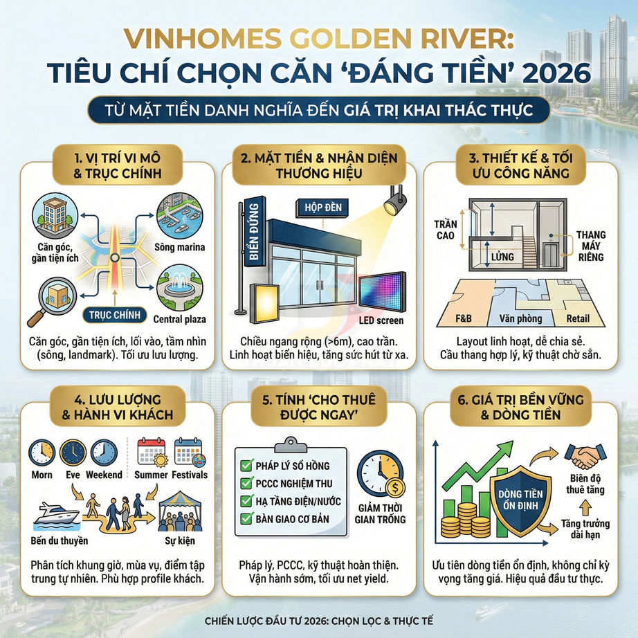 Infographic tiêu chí chọn căn hộ Vinhomes Golden River đáng tiền 2026 với các yếu tố vị trí, thiết kế, cho thuê và dòng tiền