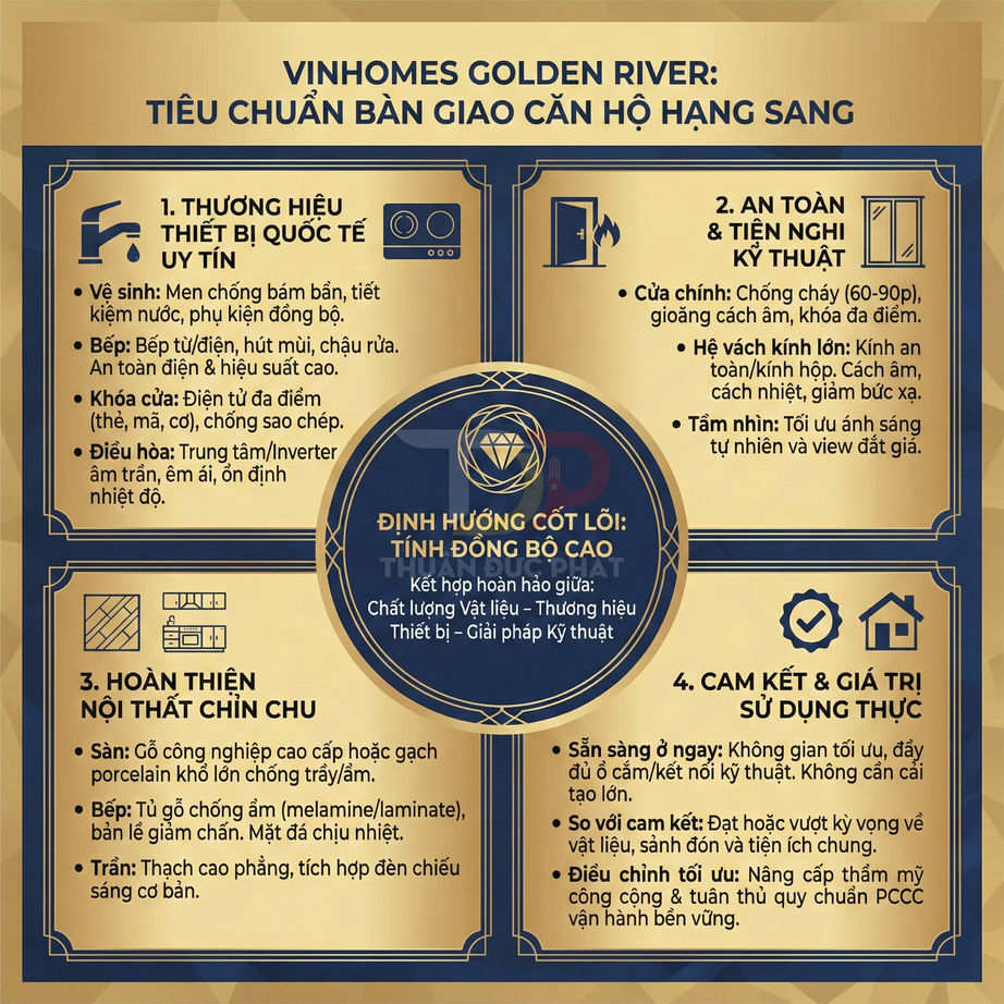 Infographic tiêu chuẩn bàn giao căn hộ cao cấp Vinhomes Golden River với thiết bị, nội thất và tiện ích kỹ thuật