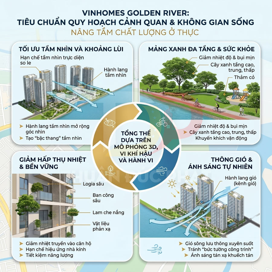 Infographic dự án Vinhomes Golden River với các tòa căn hộ, mảng xanh, thông gió và giải pháp sống bền vững