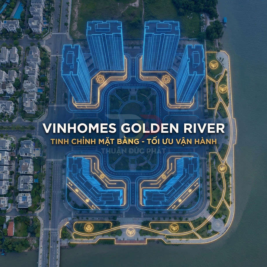 Phối cảnh tổng thể dự án căn hộ Vinhomes Golden River bên sông với các tòa nhà được tô sáng