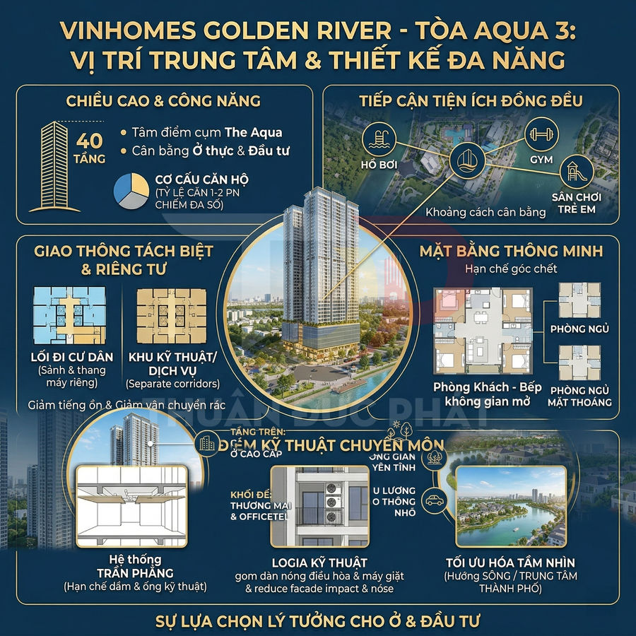 Infographic giới thiệu dự án căn hộ Vinhomes Golden River tòa Aqua 3 với vị trí trung tâm và tiện ích cao cấp