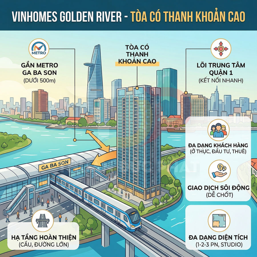 Phối cảnh dự án căn hộ Vinhomes Golden River cạnh ga metro Ba Son và sông Sài Gòn, trung tâm Quận 1