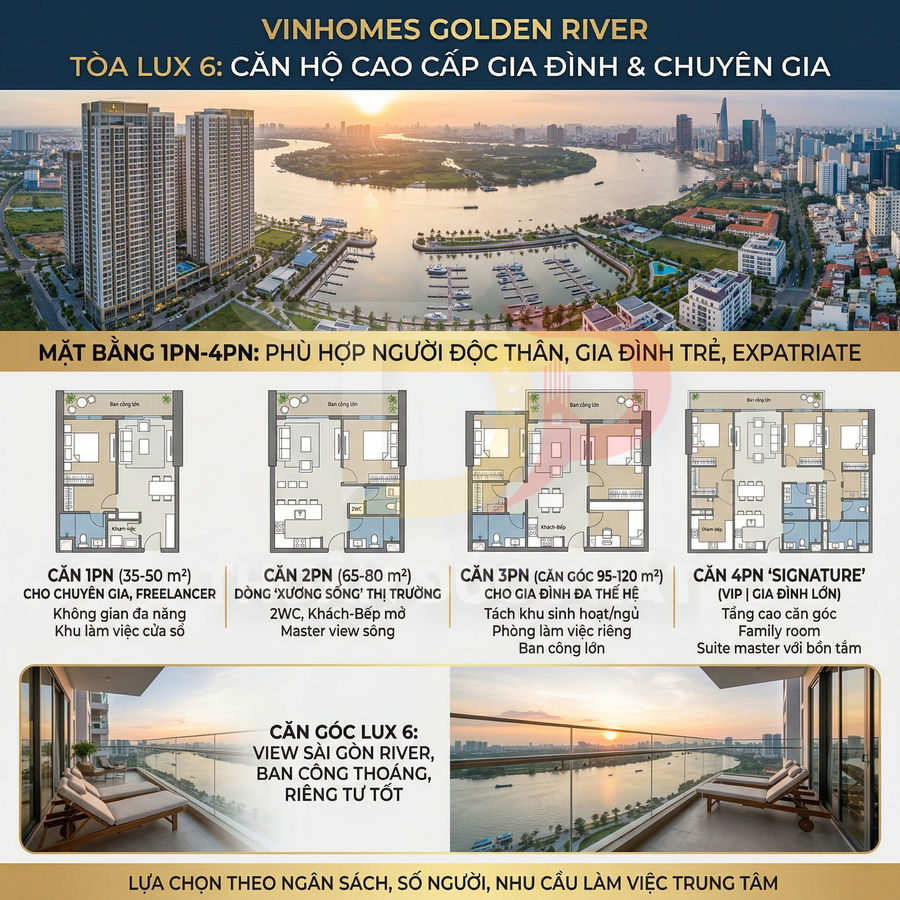 Tổng quan căn hộ cao cấp Vinhomes Golden River tòa Lux 6 với mặt bằng 1PN đến 4PN và view sông Sài Gòn