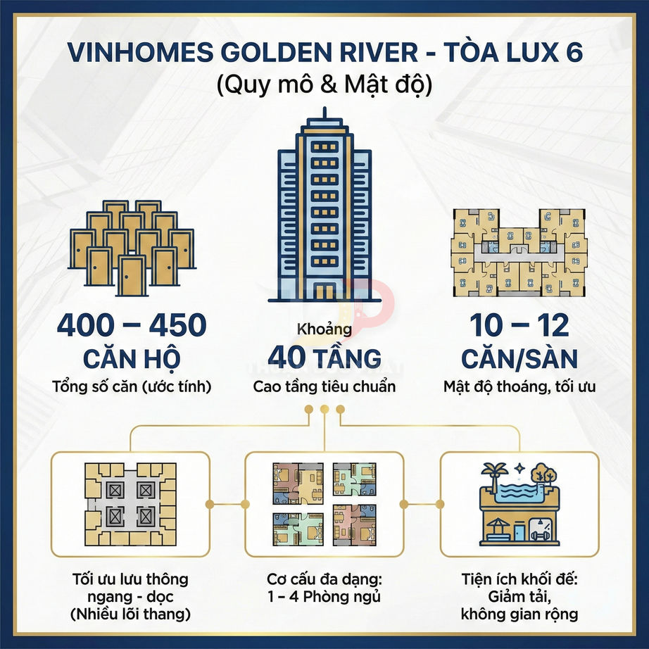 Infographic giới thiệu quy mô mật độ tòa LUX 6 Vinhomes Golden River với số tầng, căn hộ và tiện ích khối đế