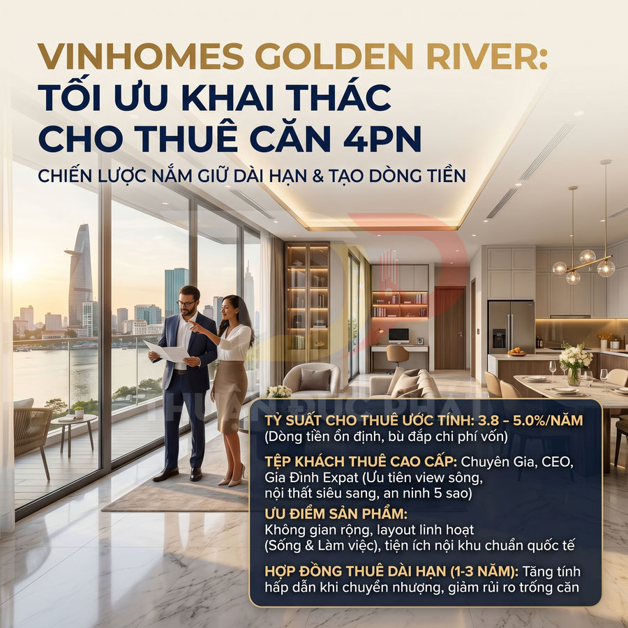 Căn hộ 4 phòng ngủ Vinhomes Golden River cao cấp view sông, phòng khách và bếp hiện đại, phù hợp cho thuê dài hạn