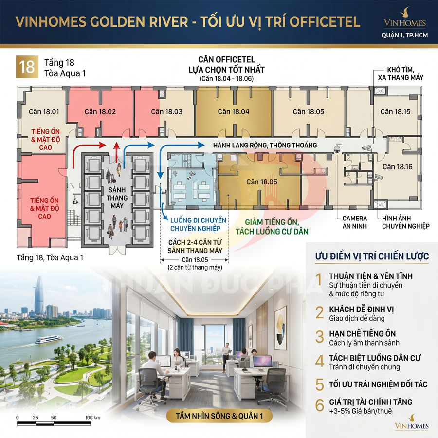 Mặt bằng officetel Vinhomes Golden River tầng 18 tòa Aqua 1 với tầm nhìn sông và văn phòng làm việc hiện đại