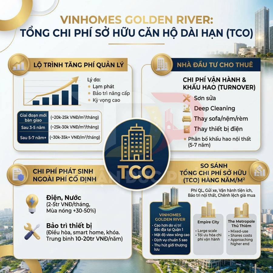 Infographic chi phí sở hữu căn hộ dài hạn TCO tại dự án Vinhomes Golden River, so sánh với Empire City và The Metropole