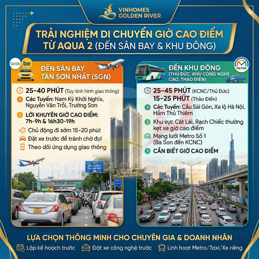 Poster Vinhomes Golden River giới thiệu thời gian di chuyển từ Aqua 2 đến sân bay Tân Sơn Nhất và khu Đông