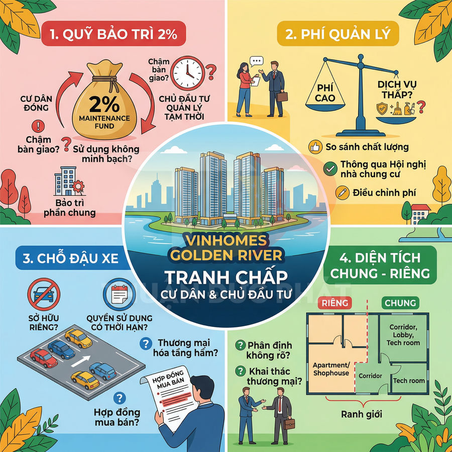 Infographic tranh chấp cư dân và chủ đầu tư tại dự án Vinhomes Golden River về quỹ bảo trì, phí quản lý, chỗ đậu xe