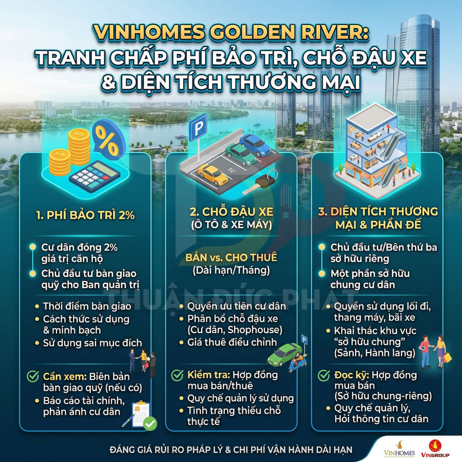Infographic Vinhomes Golden River về tranh chấp phí bảo trì, chỗ đậu xe và diện tích thương mại