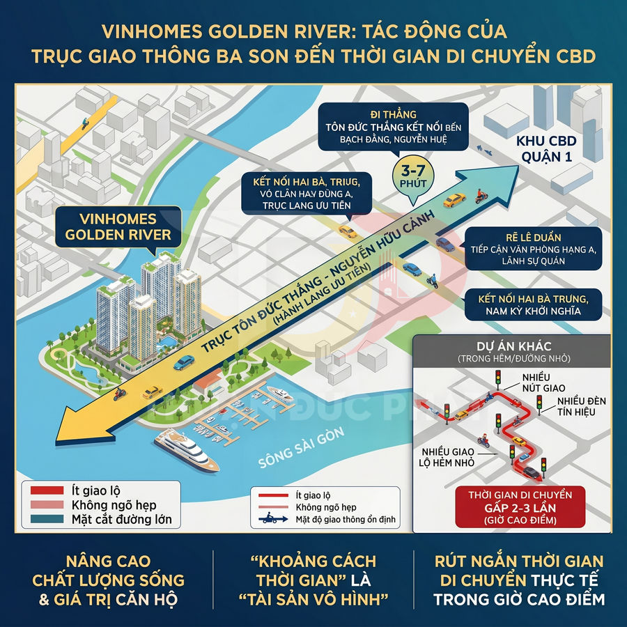 Infographic vị trí dự án Vinhomes Golden River và trục giao thông Tôn Đức Thắng Nguyễn Hữu Cảnh đến khu CBD quận 1