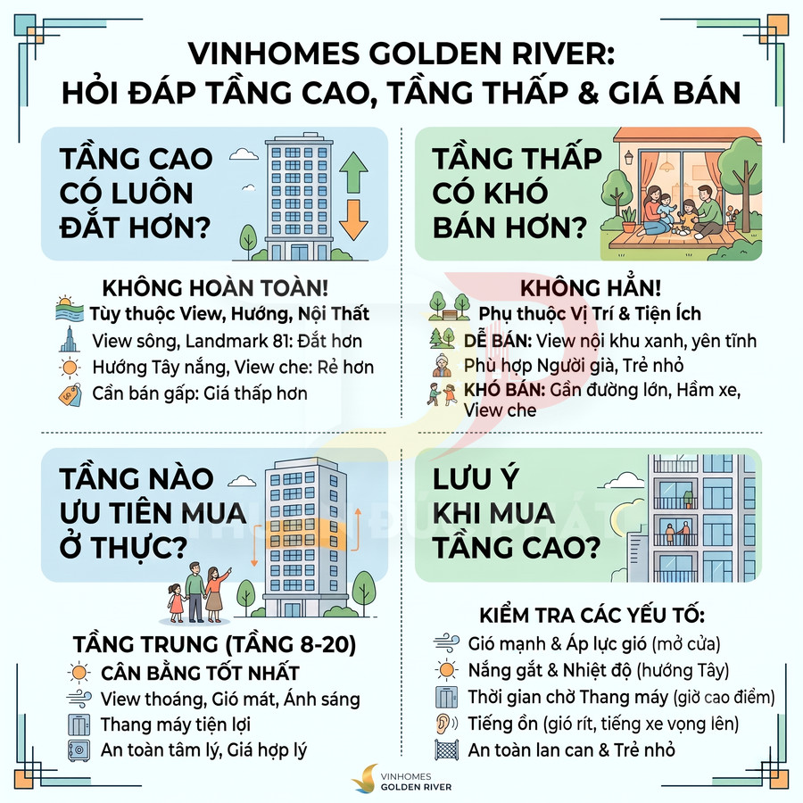 Infographic tư vấn chọn tầng cao thấp và giá bán căn hộ Vinhomes Golden River, ưu nhược điểm và lưu ý khi mua