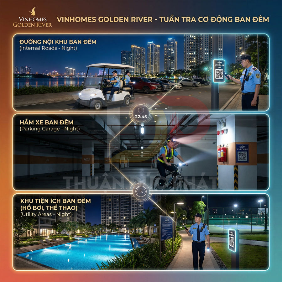 Tuần tra an ninh ban đêm tại Vinhomes Golden River với bảo vệ kiểm tra đường nội khu, hầm xe và khu hồ bơi