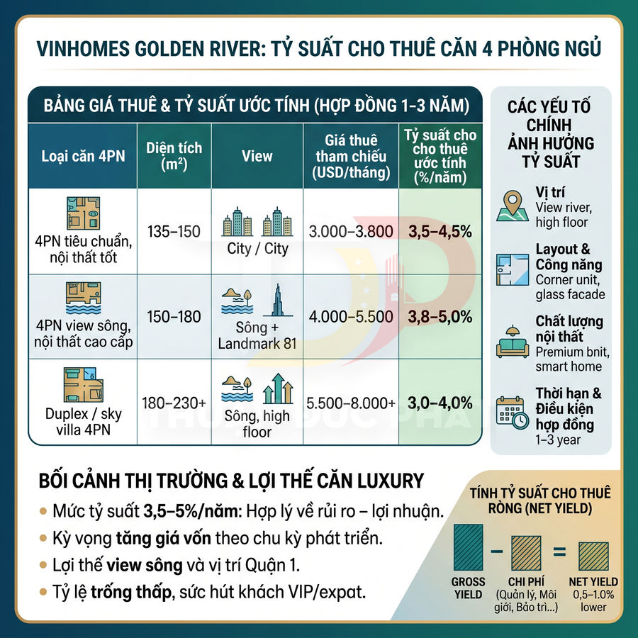 Infographic tỷ suất cho thuê căn hộ 4 phòng ngủ Vinhomes Golden River, so sánh giá thuê và lợi thế đầu tư