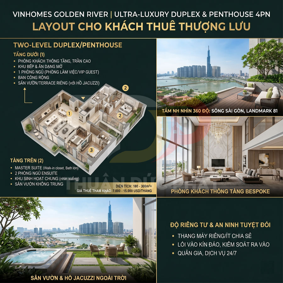 Thiết kế duplex penthouse Vinhomes Golden River 4 phòng ngủ, phòng khách trần cao, sân vườn và hồ jacuzzi view sông Sài Gòn