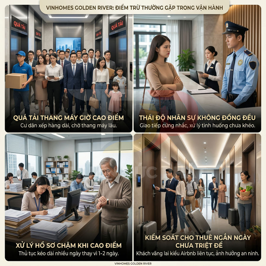 Hình ảnh cư dân Vinhomes Golden River gặp bất tiện vì thang máy quá tải, thủ tục chậm và kiểm soát an ninh kém