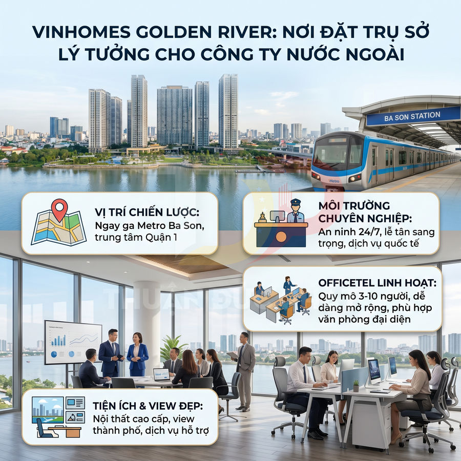 Văn phòng officetel Vinhomes Golden River view sông Sài Gòn, vị trí gần ga Metro Ba Son, tiện ích cao cấp cho doanh nghiệp