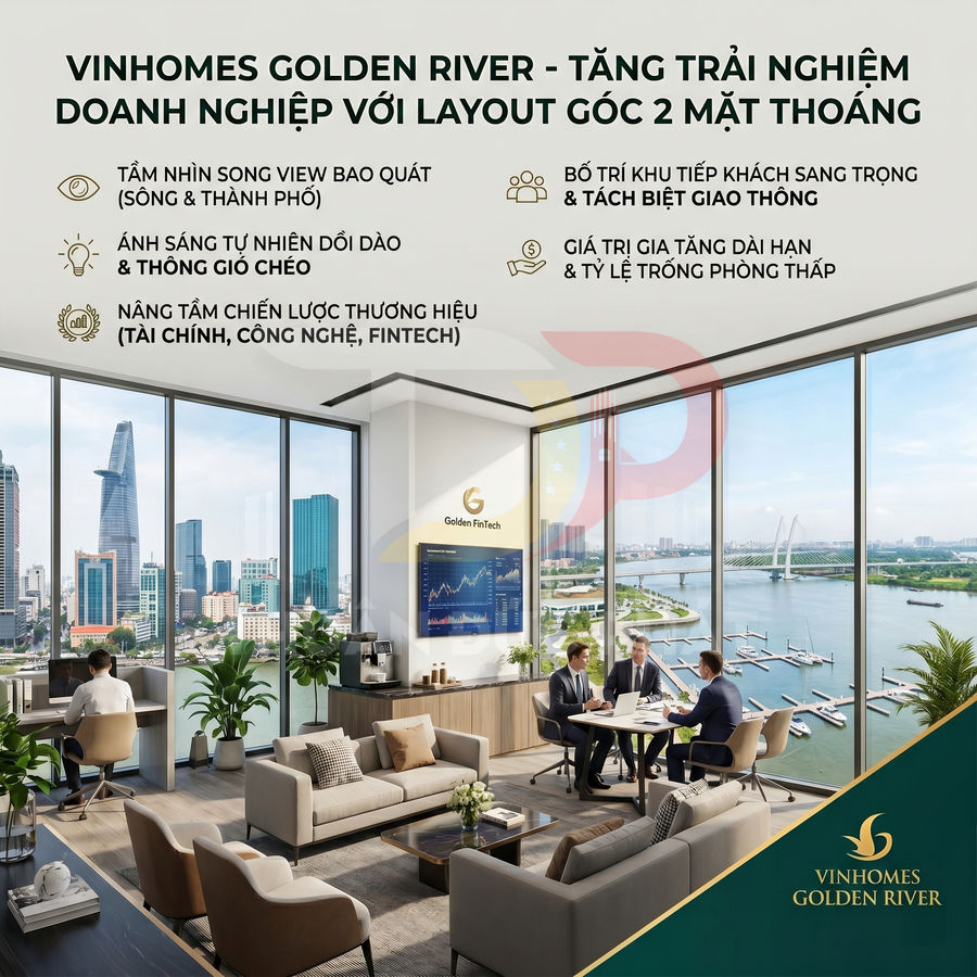 Văn phòng cao cấp Vinhomes Golden River với cửa kính lớn view sông và thành phố, nội thất sang trọng cho doanh nghiệp